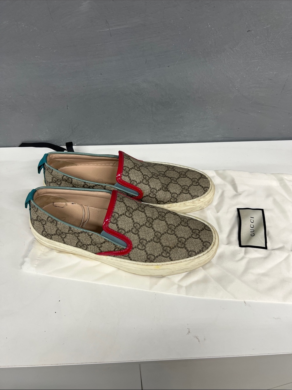 Gucci Beige GG Canvas Slip-On Loafers with Red Trim and Teal Heel Tab